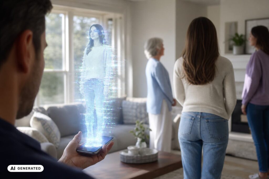 Hologramm einer KI-Begleiterin, die aus einem Smartphone projiziert wird, während im Hintergrund echte Personen unbeteiligt im Raum stehen