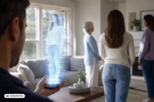 Hologramm einer KI-Begleiterin, die aus einem Smartphone projiziert wird, während im Hintergrund echte Personen unbeteiligt im Raum stehen
