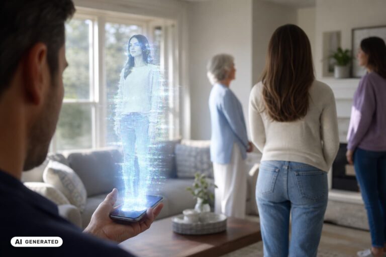 Hologramm einer KI-Begleiterin, die aus einem Smartphone projiziert wird, während im Hintergrund echte Personen unbeteiligt im Raum stehen